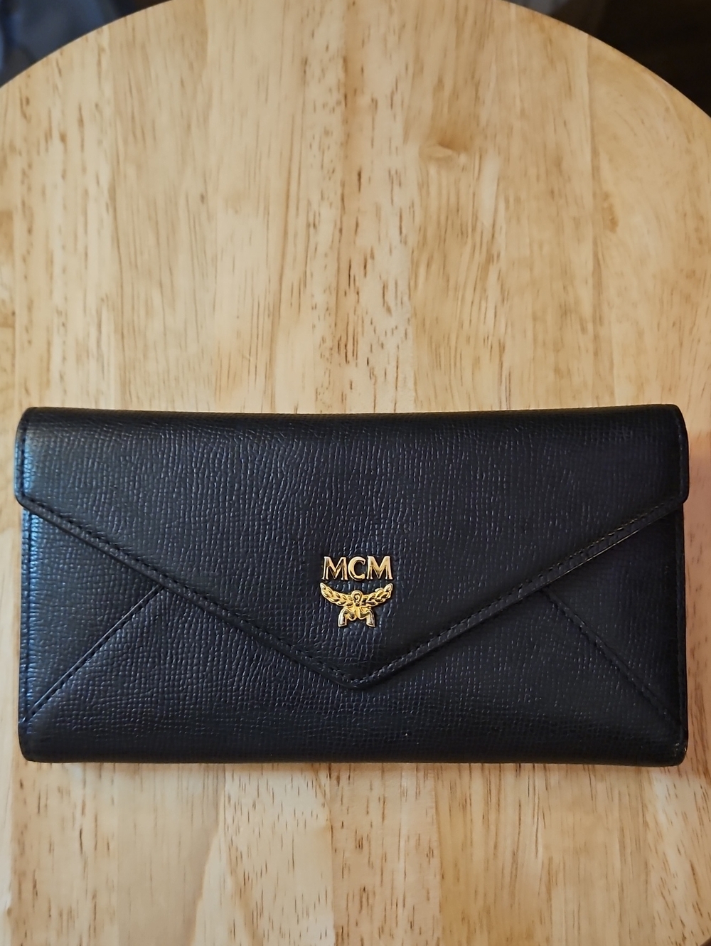 MCM Black Leather Envelope Wallet with Gold Logo